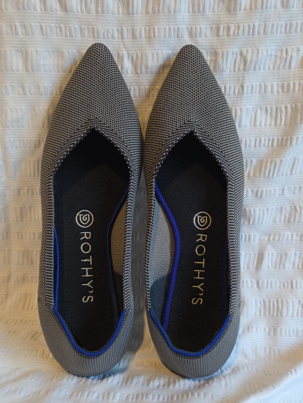 Rothy's Pointed Knit Flats in Gray with Blue Trim